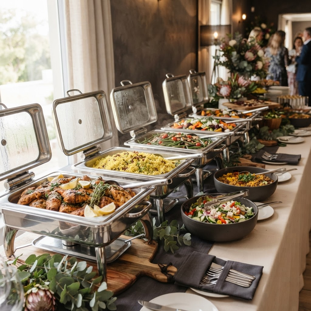 Colourful buffet dishes ready to serve
